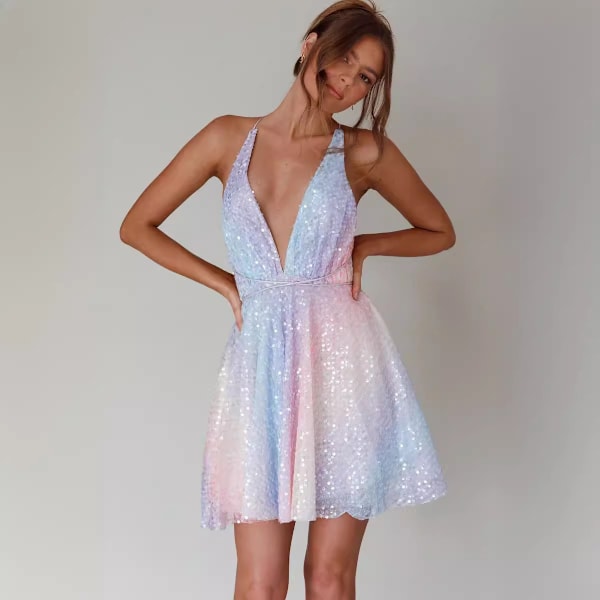 Kvindesequin Halterneck Minikjole, V-hals Ærmeløs multi-coloured M