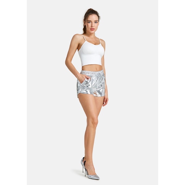 Metallic shorts för kvinnor, sommarglittrande, heta outfit, glänsande korta byxor silver L
