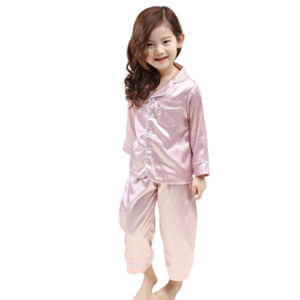 Pyjamas långärmad set för barn, knapp-upp silke pyjamas sovkläder set pink 120cm