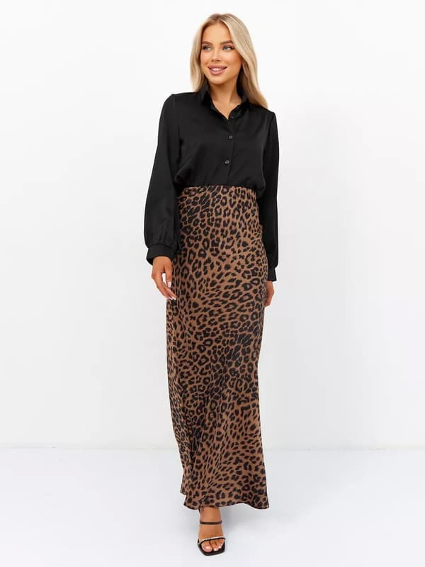 Satin Leopardmönstrat Kjolar Högmidja Elastisk Midja Lång Kjolar brown M