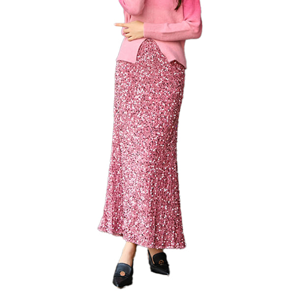 Kvinnors Sekvenspaljett-Sammetskjol Hög Midja Glittrande Fest Maxi-Kjol Pink XL