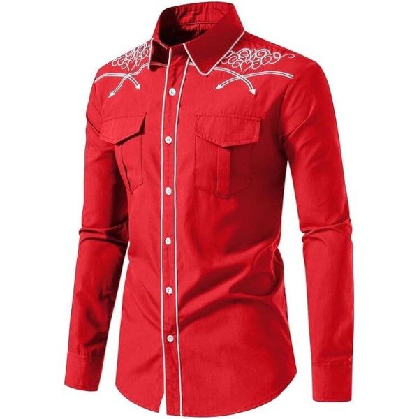 Herrar Casual Knapp-Ner Långärmad Broderade Skjortor Red 2 2XL