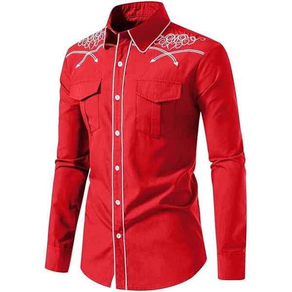 Miesten rento pitkähihainen napitettu paita, jossa on brodeeraus Red 2 XL