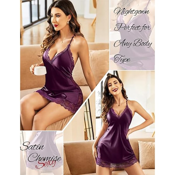 Kvinders Satin Blonderi Chemise Natkjole Sexy Ful Slip Nattøj Purple XL