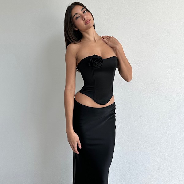 Lange Satin-skjørt for kvinner, Silke, Elegant, Høy Midje, Cocktailfest, Midi-skjørt black L