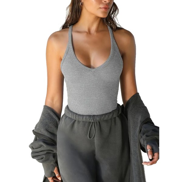 Kvinders Solid V-hals Slim Tank Top, Sexy Ærmeløs Ribbet Slim Fitted Top Bluser Grey L