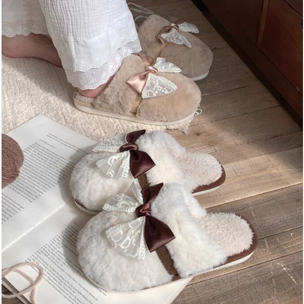 Fluffiga tofflor med rosett i färgblock för höst och vinter white 38-39