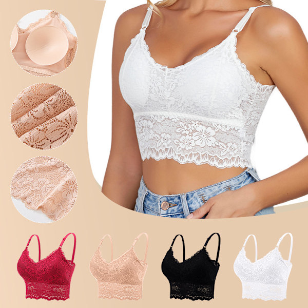Plus Size Justerbar Spets Braletter för Kvinnor Bralette Vadderad Spets Bandeau BH Apricot M