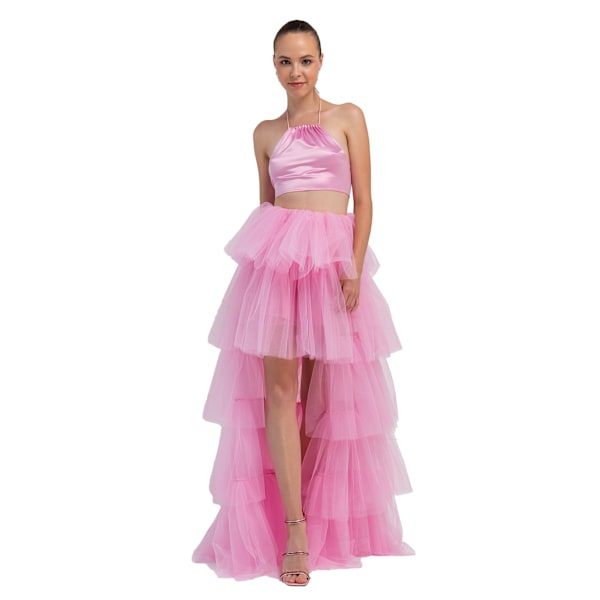 Kvinnors Högmidjade Hög-Låg Lager Tulle Golvlång Kjol pink L