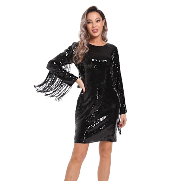 Kvinners Sexy Sequin Langærmet Bodycon Frynser Kjole XL