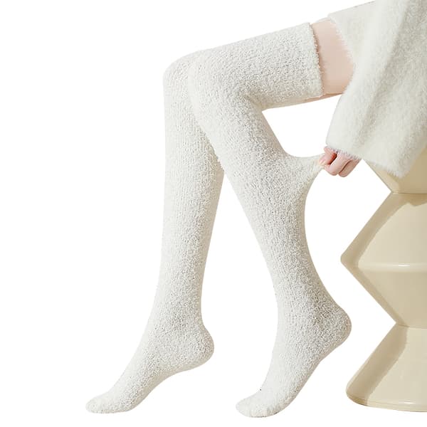 Vintervarme korallfleece overkneesokker for kvinner white