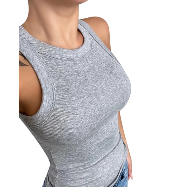 Kvinders Solid Rundhals Ribbet Tanktop Camisole Kvinders Sommer O-Hals Tanktop Grey 2XL