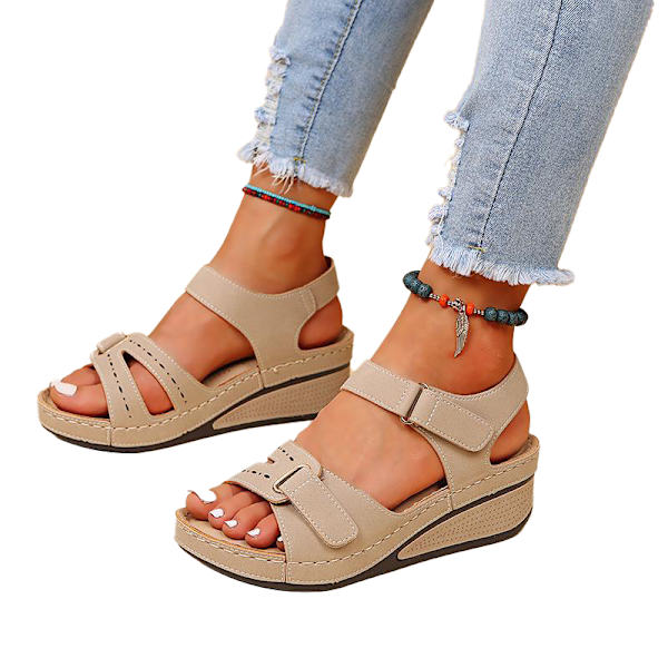 Ortopediset kiila-sandaalit naisille, avoin varvas, nilkkaremmi, korkeapohjainen beige 36