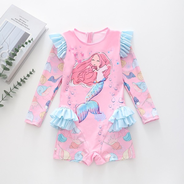 Flickor Mermaid Ruffle Långärmad En Delig Baddräkt Med UV-skydd Solskydd Color 3 3XL