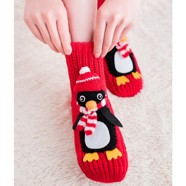 Varm vinterstrumpor för kvinnor med 3D-djurmotiv i juldesign Red Penguin