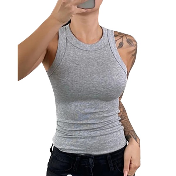 Kvinders Solid Rundhals Ribbet Tanktop Camisole Kvinders Sommer O-Hals Tanktop Grey L