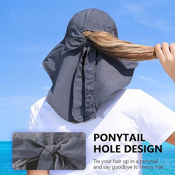 Dam solhatt UV-skydd bred brätte fiskehatt med hästsvanshål nackskydd Dark Grey