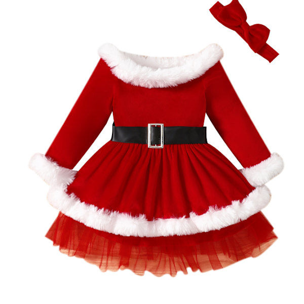 Julklappsklänning för flickor, A-linje, långärmad, plysch, kontrastfärger, med hårband red 2-3Y