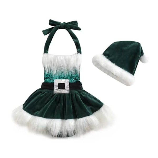 Vauvan tyttöjen joulurompperimekko, helmiä, valkoinen pörröinen reunus, tutu-hyppyhaalari hatulla green 100cm