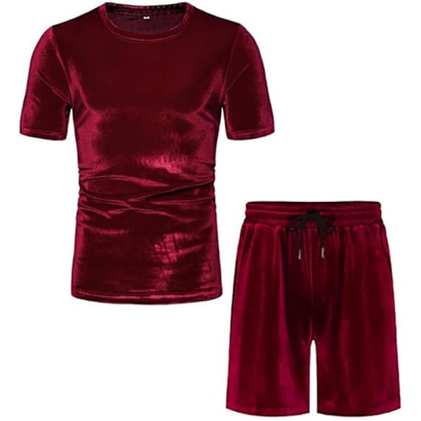 Menn 2-delt 80-talls 90-talls fløyelsdress Casual kortsermet fløyels skjorte sett Red M