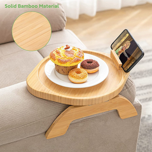 Sofa Arm Bord Klips på Skuffebord, Bambus Sofa Armlenebrett med Telefonholder