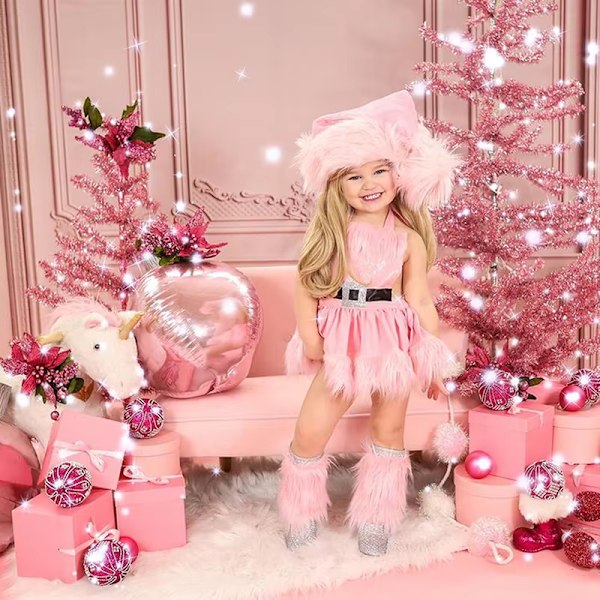 Babyflicka Julromperklänning med Paljetter, Vit Plyschkant och Tutuskjort med Hatt pink 80cm