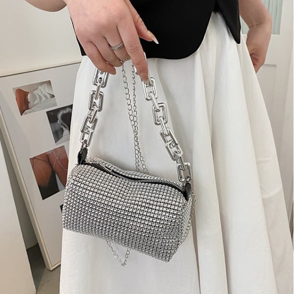 Rhinestone Spandau Taske, Glitterkæde Prom Pung, Kvinders Mini Crossbody Taske silver