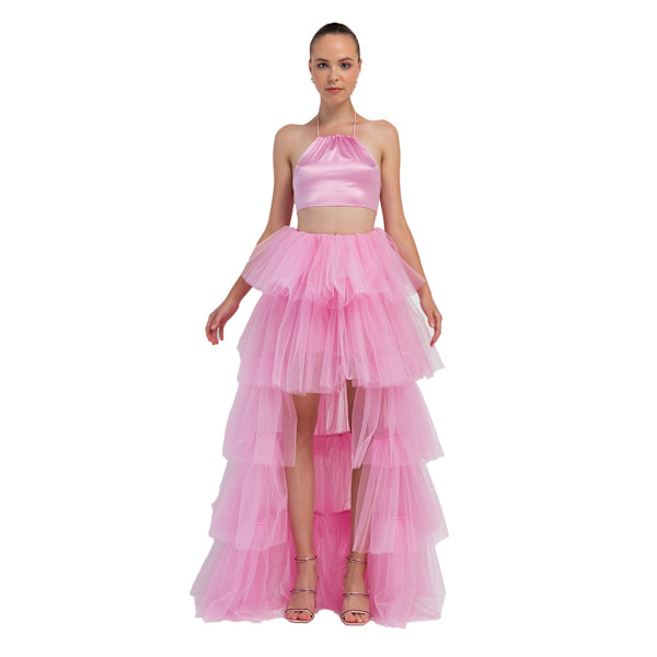 Kvinnors Högmidjade Hög-Låg Lager Tulle Golvlång Kjol pink M
