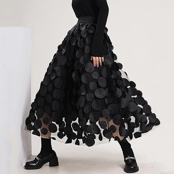 Tullskjørt for kvinner 3D Polka Dot Mesh Flytende A-Line Midi Skjørt black