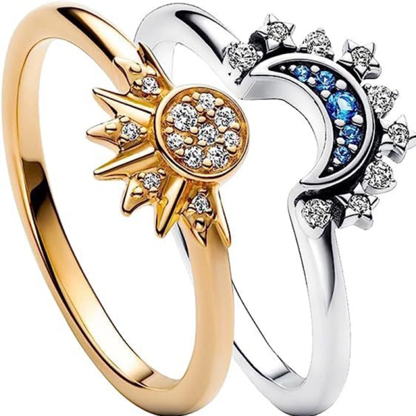 Sun and Moon Ring Set, Sparkling Sun Moon Ring för kvinnor Gold 9