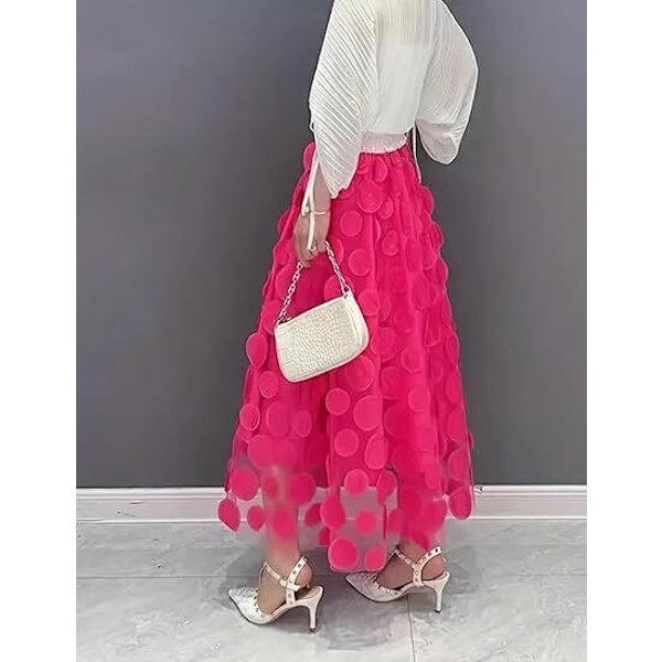 Tullkjol Kvinnor 3D Polka Dot Mesh Flytande A-Linje Midi Kjolar rose red