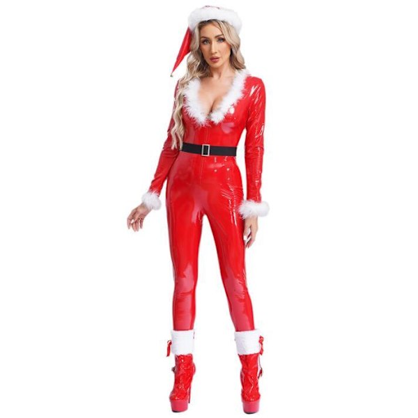 Kvinders Julemand Cosplay Kostume Patent Læder Fjer Jumpsuit red L