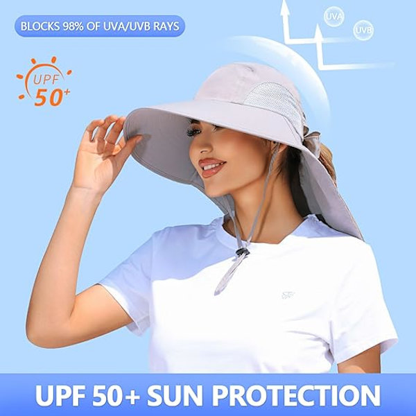 Dam solhatt UV-skydd bred brätte fiskehatt med hästsvanshål nackskydd Light Grey