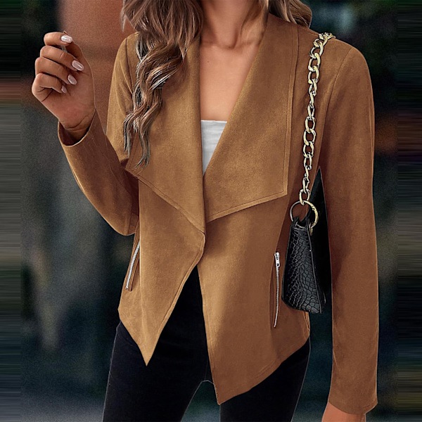 Dam Öppen Framsida Faux Suede Casual Blazer Långärmad Arbetsjacka brown M
