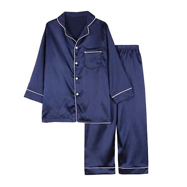 Pyjamas långärmad set för barn, knapp-up siden pyjamas sovkläder set blue 130cm