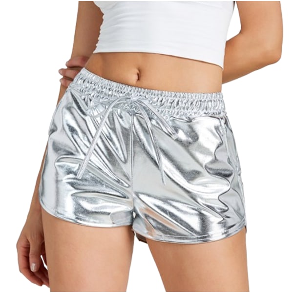 Metallic Shorts för kvinnor, sommarglittrande, heta outfits, blanka korta byxor silver M