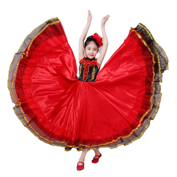 Flickors spanska flamenco-tjurfäktningsdräkt, stor svängkjol red 110