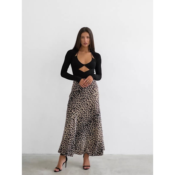 Satin Leopard Print Skjørt Højtaljet Elastisk Talje Langt Skjørt beige M