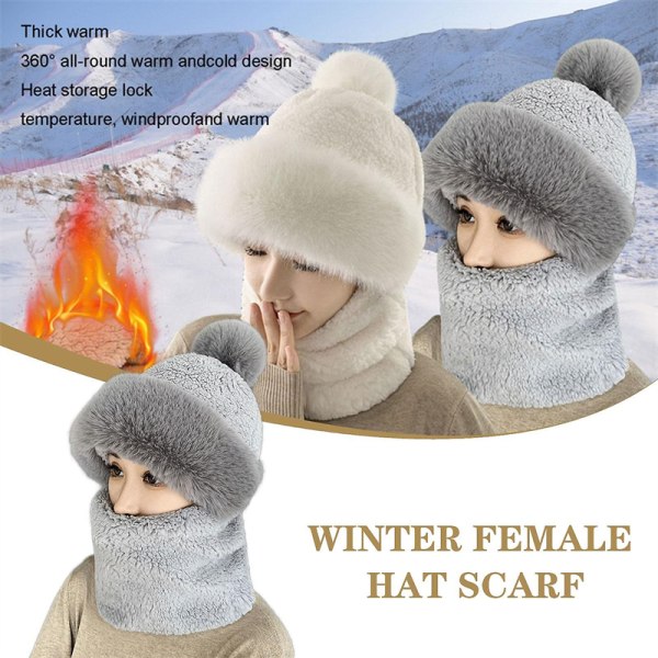 Kvinnors vinterplysch sammetsmössor Tjock vindtät Hooded Scarf Hat Neck Warmer Khaki