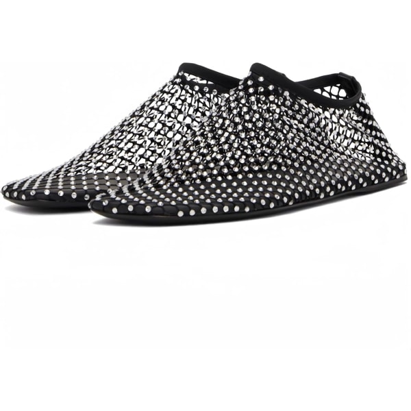 Mesh Flats Rhinestone Korta Sandaler Sexig Platt Cutout Glittrande Casual Bröllopsklänning Flats Black 40