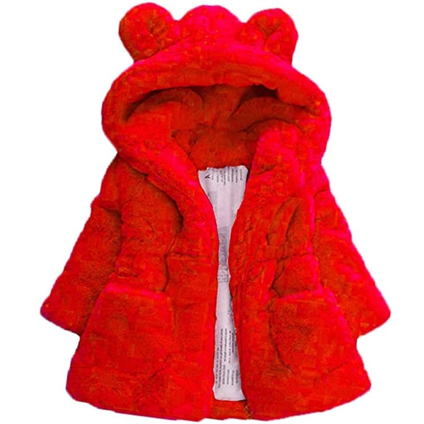 Flickor Vinter fleecerockar Öronhuva fuskpäls Varm jacka Hoodies Ytterkläder Red 100cm