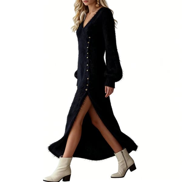 Vinter V-hals Løs Slids Midi Kjole Elegant Plus Size Kvinder Black L