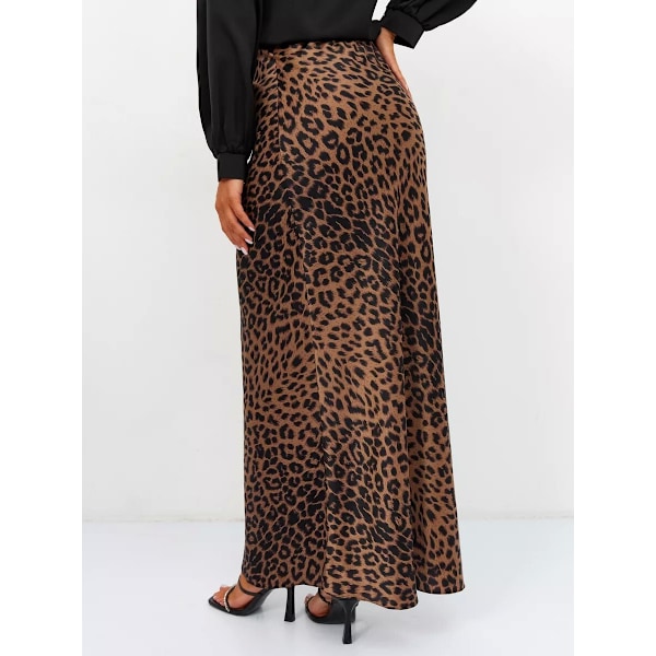 Satin Leopard Print Skjørt Højtaljet Elastisk Talje Langt Skjørt brown M