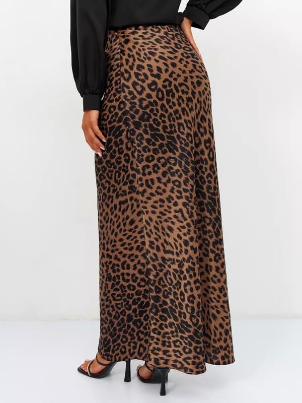 Satin Leopardmönstrat Kjolar Högmidja Elastisk Midja Lång Kjolar brown L