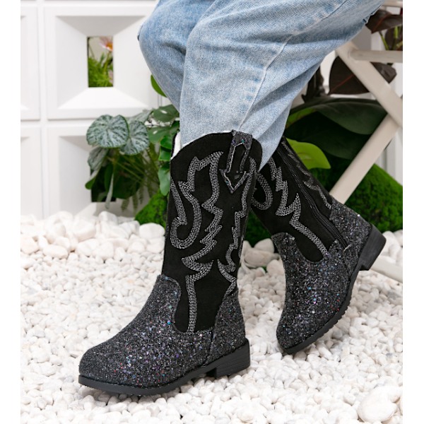 Flickiga Cowgirl-stövlar för flickor Unisex-barn Mid Calf Glitter Toddler Cowboy Boot black 29