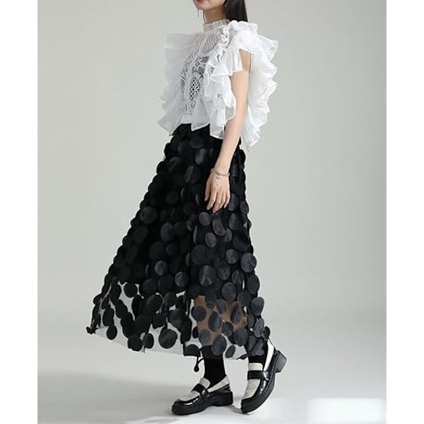 Tullkjol Kvinna 3D Polka Dot Elastisk Midja Mesh Midi Kjolar black