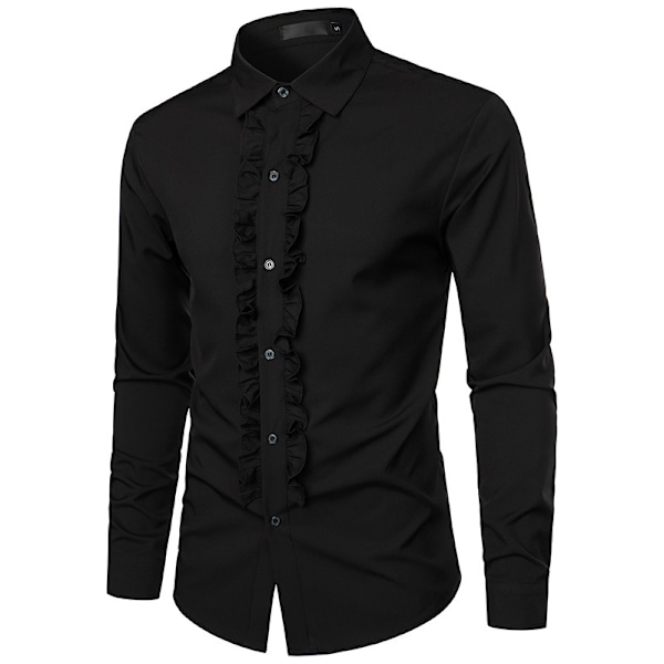 Mænds Smokingsskjorte Slim Fit Rufflet Bryllup Middag Toppe Skjorter black S