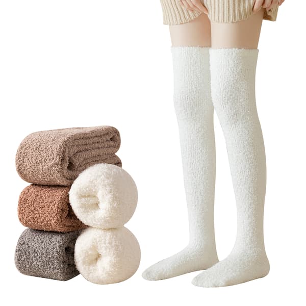 Vintervarme korallfleece overkneesokker for kvinner white