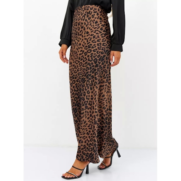 Satin Leopard Print Skjørt Højtaljet Elastisk Talje Langt Skjørt brown M