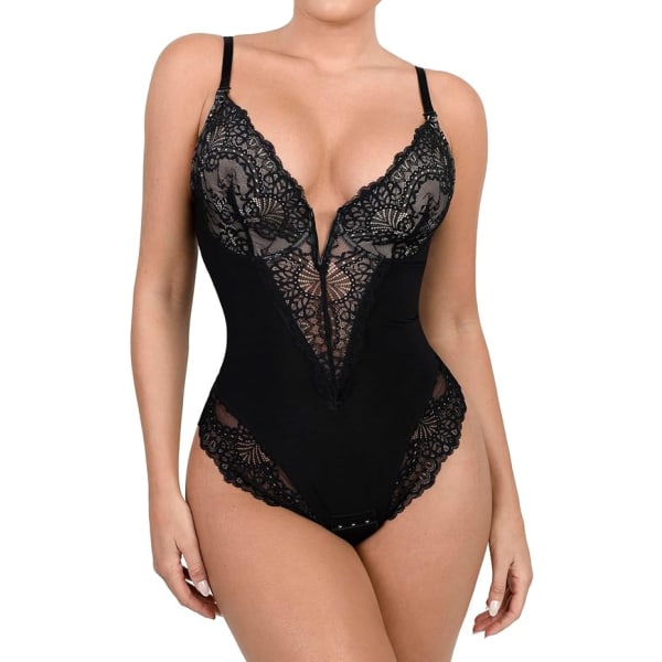 Popilush Lace Shapewear Bodysuit Kvinder V-hals Tummy Body Suit Thong Black 3XL